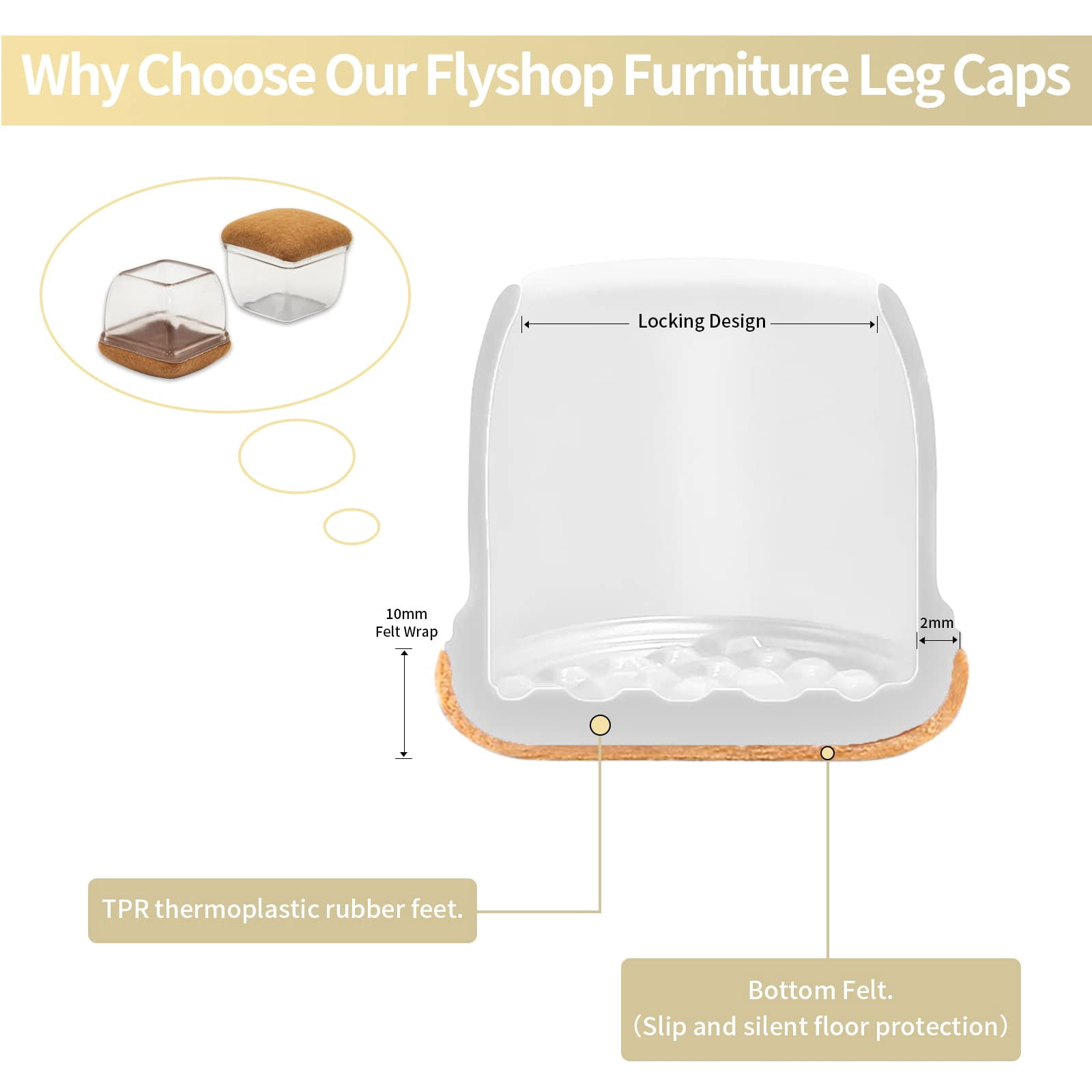 Flyshop 8PCS Square Chair Leg Caps with Felt Pads Durable Floor Protectors for Hardwood Floor Prevent Scratches Reduce Noise Foot Cap, Transparent Protective Caps, 28 to 40 mm