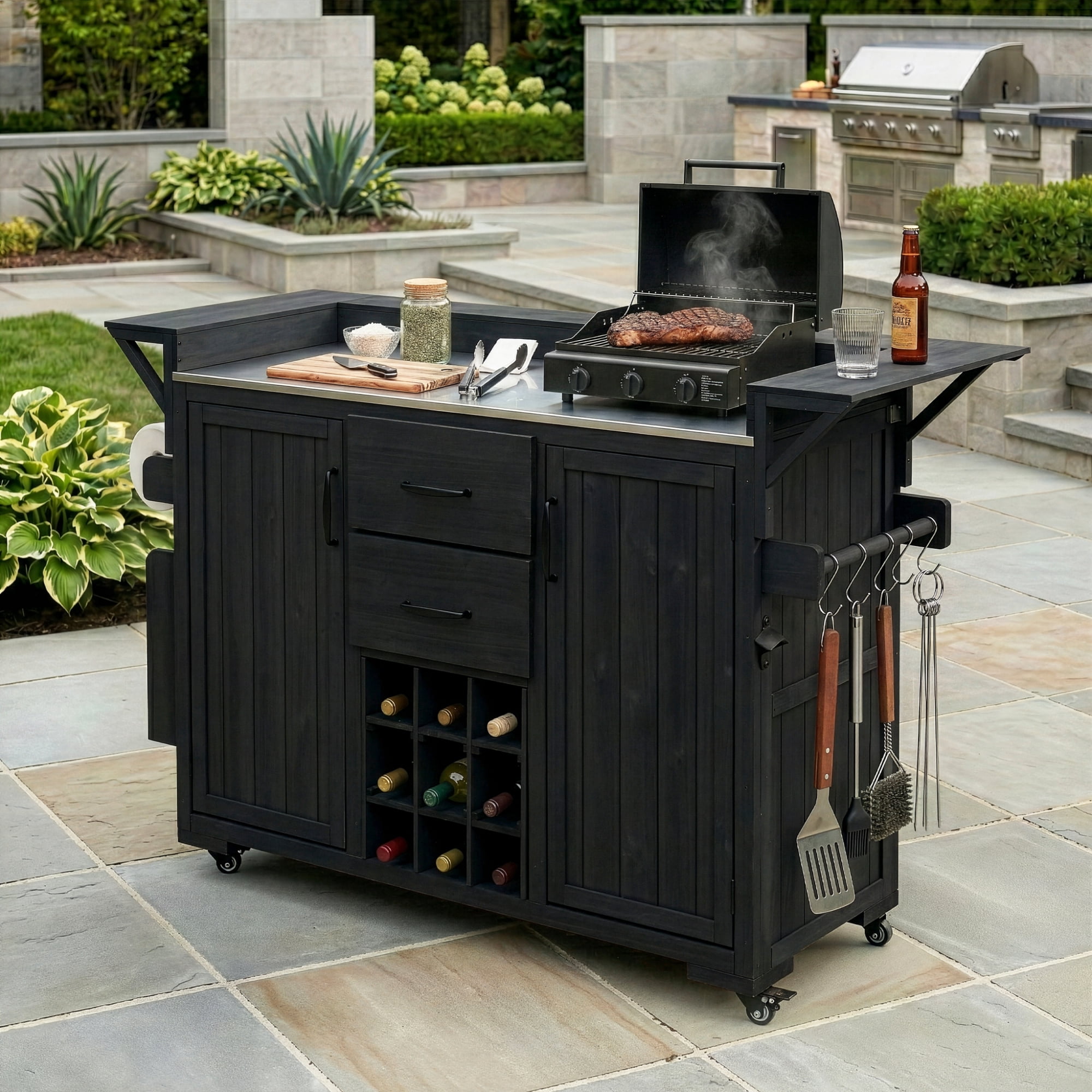 YIYADO Modern 60.2''W Outdoor Kitchen Island with Wheels, Rolling Patio BBQ Kitchen Cart with Stainless Steel Top, Wood Grill Cart with Spice Rack & Wine Rack, 2 Drawers, Black