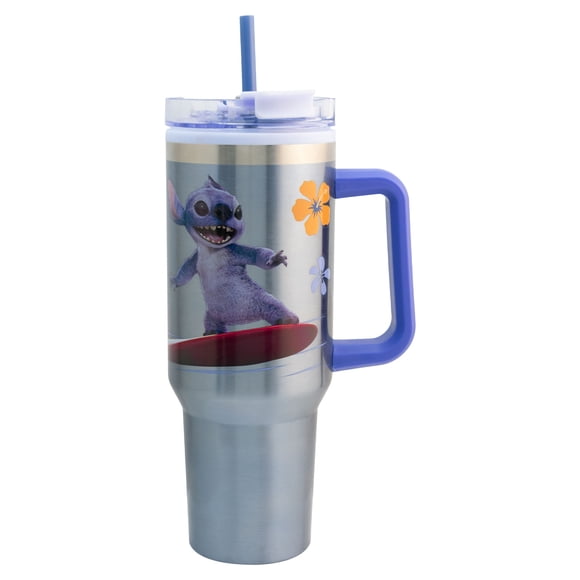 Termo Alto Doble Pared Con Asa Y Popote, Diseño Stitch Live Action “Surfin Stitch”, Termo Metalizado Azul, Capacidad 1. 2 L
