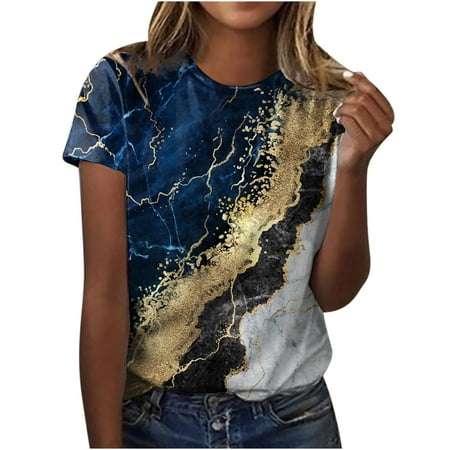 

Long Sleeve Shirts for Women Womens Long Sleeve Tops Trendy Women s Summer Round-Neck Short Sleeve Print Casual T-shirt Blouse Workout Tops Savings Clearance Deals Workout Tank Tops Blue XL