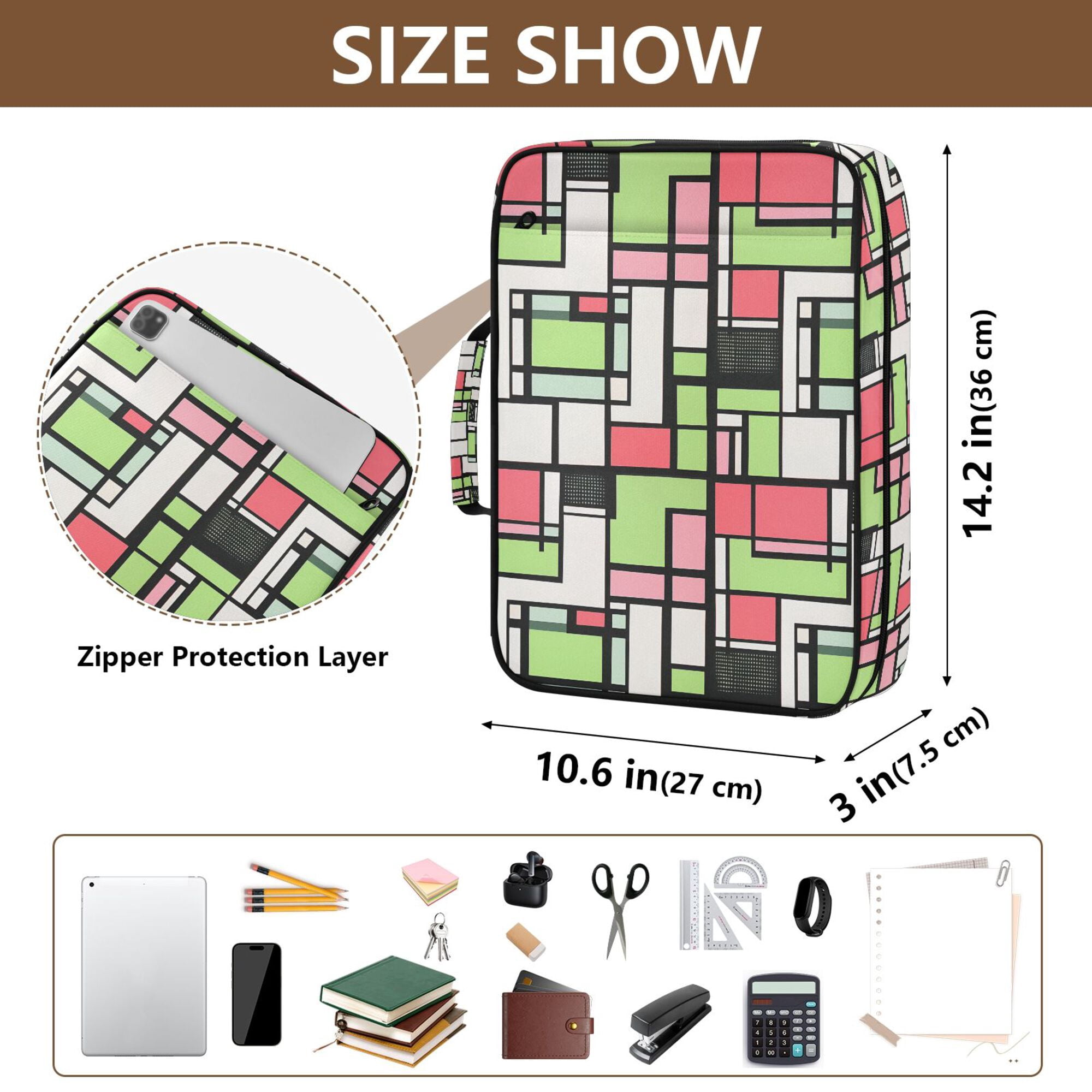 FORMRS Accordion File Folder A4 Size 7-Pocket Expanding Document Organizer Bag with 3 Ring Binder, Green Abstract Geometric