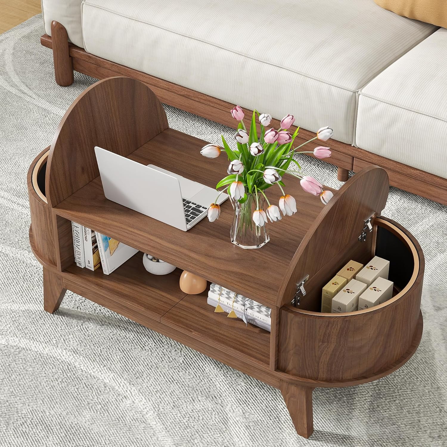 Coffee Table with 2 Hidden Compartment, Wooden Coffee Table with Open Shelf, Center Table for Living Room, Walnut Color
