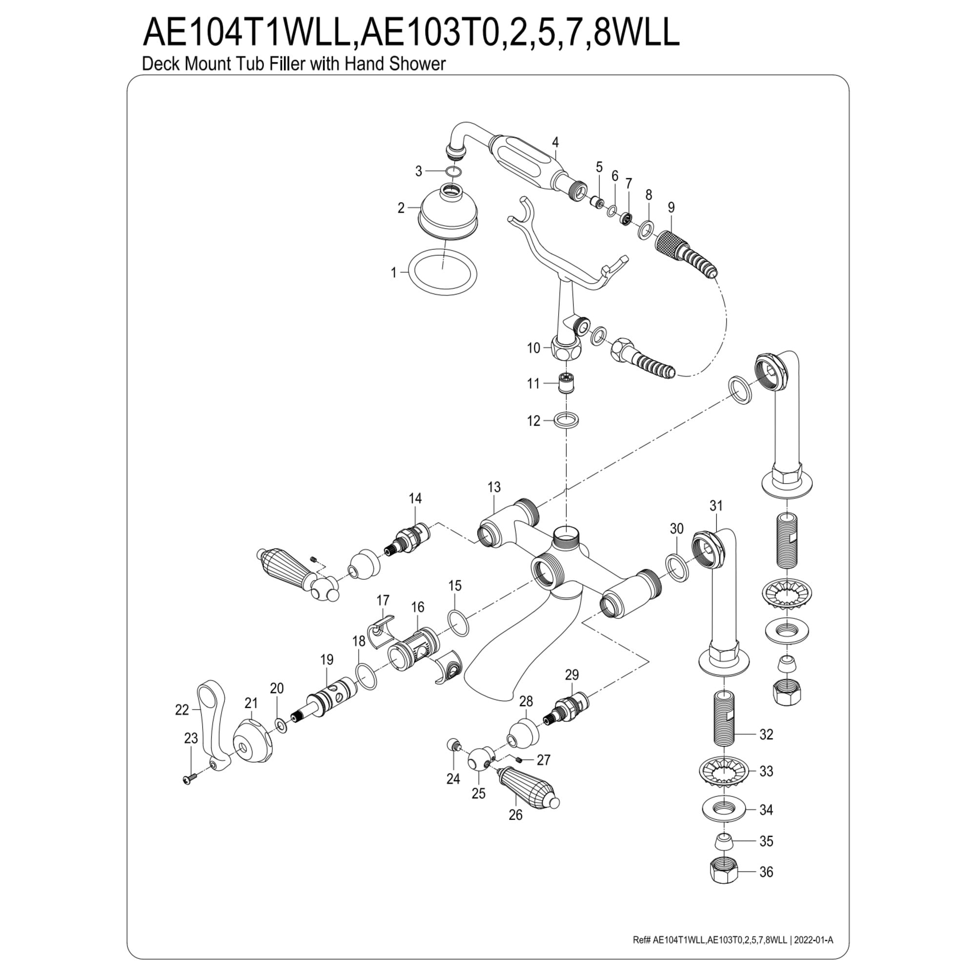 Kingston Brass AE103T2WLL Wilshire Three-Handle 2-Hole Deck-Mount Clawfoot Tub Faucet with Hand Shower in Polished Brass