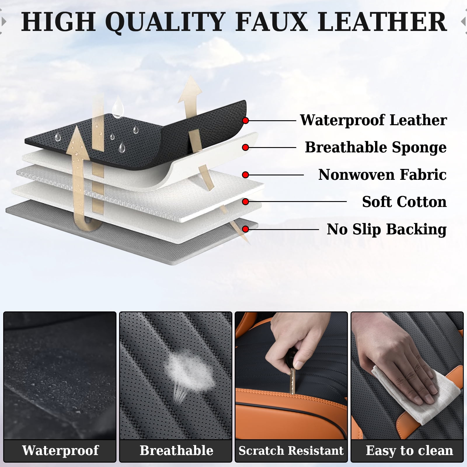 Coverado Car Seat Covers Full Set, Black&Brown Front and Rear Seat Protectors, Waterproof Faux Leather Universal Fit for Most Cars