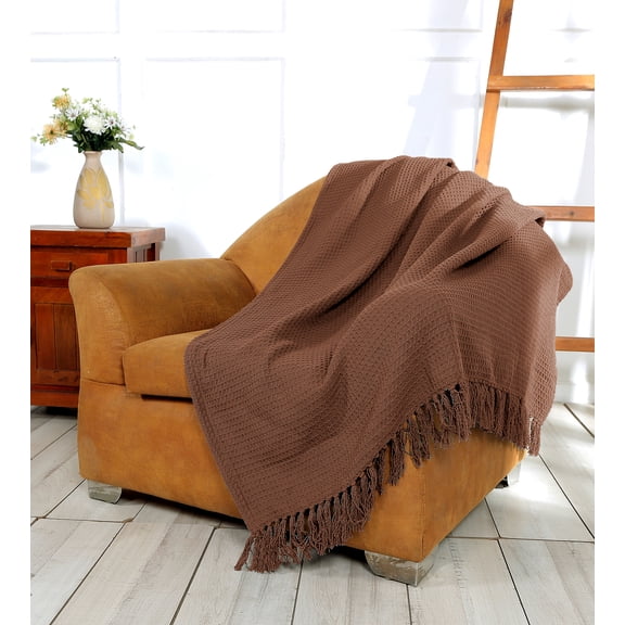 Luxurious Cozy All-Season Cotton Waffle Weave Throw Blanket with Fringes – Decorative Blanket for Couch, Bed & Sofa