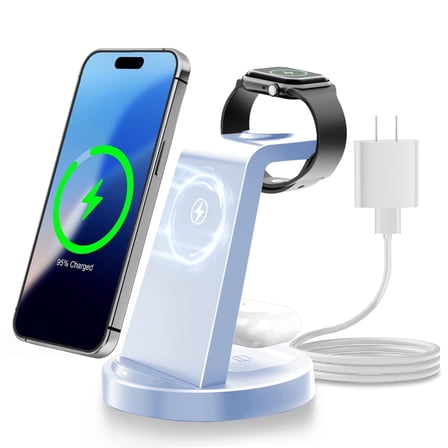 Charging Station, 3 in 1 Wireless Charger for iPhone 17 16 15 14 13 12 11 8 , Magnetic Charger for Airpods 4 3 2 Pro, for iWatch Series, Blue