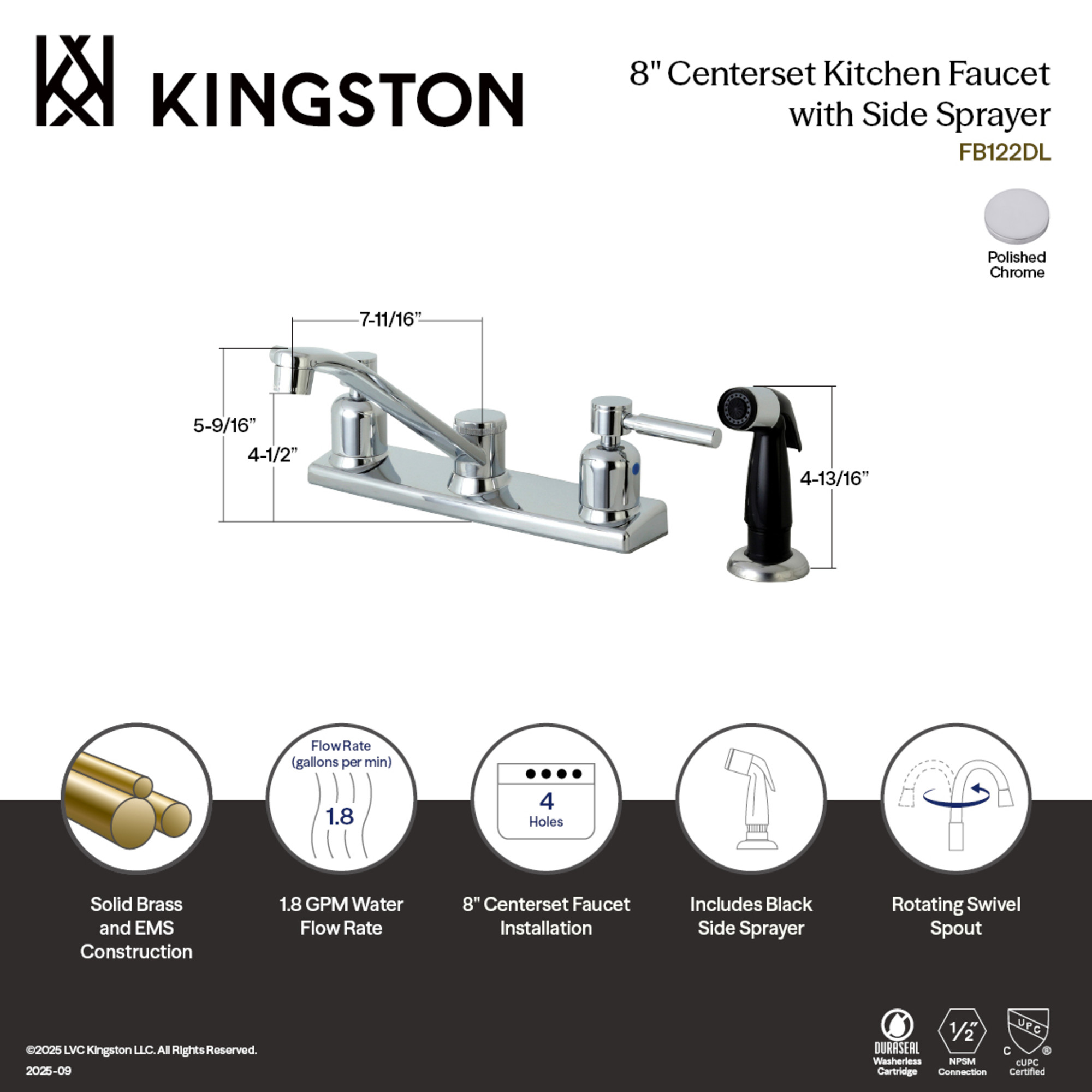 Kingston FB122DL Concord Two-Handle 4-Hole 8" Centerset Kitchen Faucet with Side Sprayer in Polished Chrome