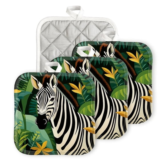 BaHomeck Pot Holders 4pcs dacron Made Square heat-resisting mat Machine Washable for Kitchen Oven Hot Pads 6.7inch*6.7inch,Zebra In The Jungle Vector Illustration