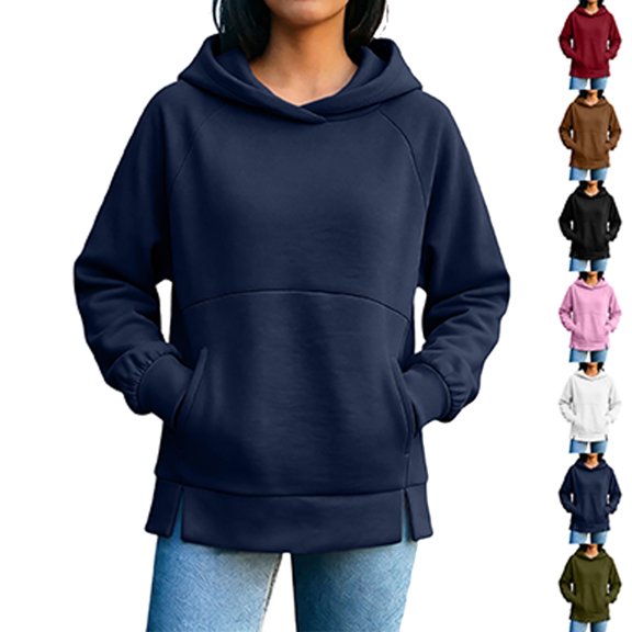 Hooded for Women Dqueduo Women's Long Sleeve Hoodie Sweatshirt – Relaxed Fit High-Low Hem Pullover Navy L