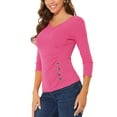 thumbnail image 4 of INSPIRE CHIC Women's Ruched Blouse Button Decor V Neck 3/4 Sleeve Solid Knit Top L Hot Pink, 4 of 6