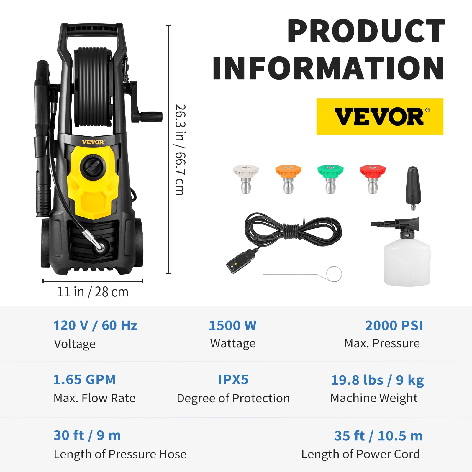 VEVOR Electric Pressure Washer, 2000 PSI, Max 1.65 GPM Power Washer with 30 ft Hose & Reel, 5 Quick Connect Nozzles, Foam Cannon, Portable to Clean Patios, Cars, Fences, Driveways, ETL Listed