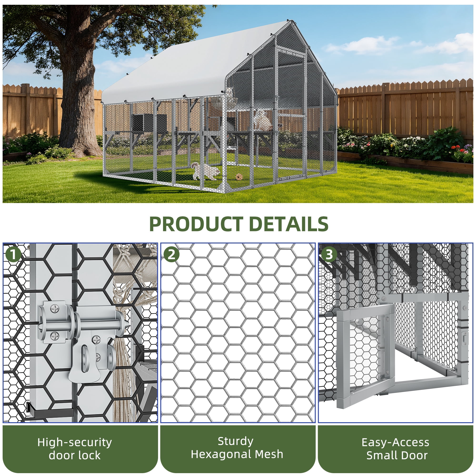 Uforic 94 Inch Outdoor Cat Enclosure, Extra Large Metal Catio for Multiple Cats, Weatherproof Roof Cat Cage with 7 Platforms, 2 Resting Boxes & Cat Hammock Bed, Sliver