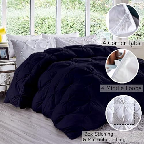 All-Season Pinch Pleated Down Alternative Comforter | Super King 108x98 Size 1 - Piece | Microfiber Quilt Duvet with 8 Corner Tabs, Ultra Soft Lightweight & Fluffy | Pintuck Navy Blue