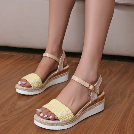 

Yzengfg Ladies Summer Retro Colour Blocking Bohemian Style Woven Thick Bottom Slope With Large Size Sandals Slippers The Drop Sandals Women