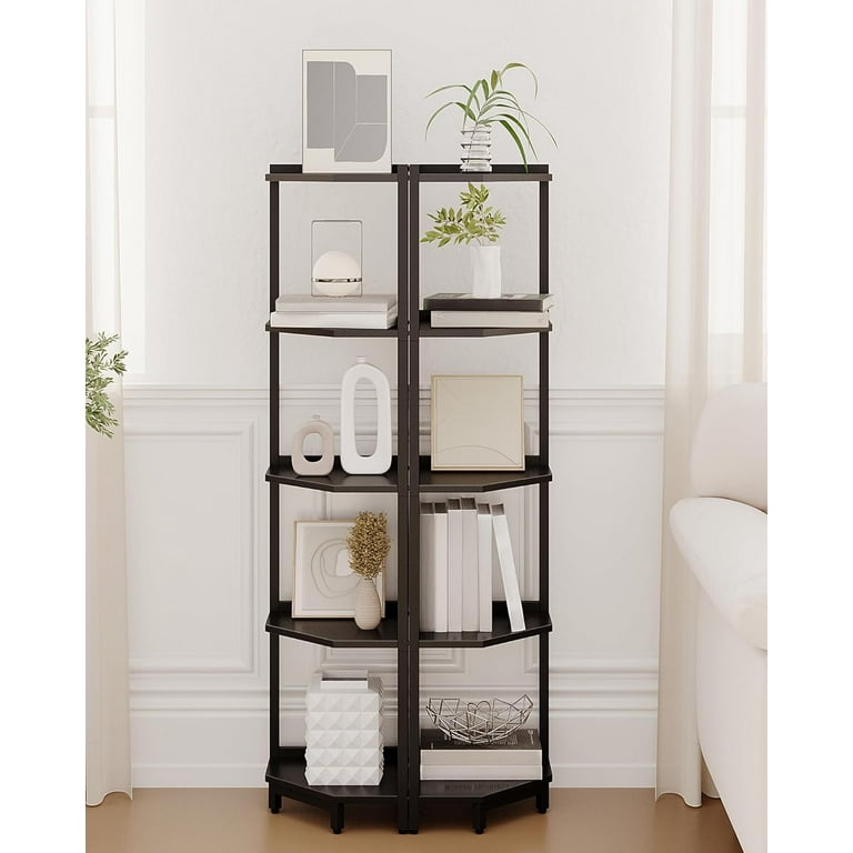 4 Tier Corner Shelf With LED Light - Brown Wood & Metal Standing Unit, Narrow Organizer For Plants, Books