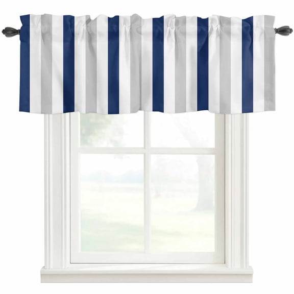 Navy Blue Stripe Farmhouse Short Window Curtain Valances, Geometric Grey White Vertical Striped Rod Pocket Kitchen Valances for Living Room Bedroom Bathroom Cafe 42" x 18"
