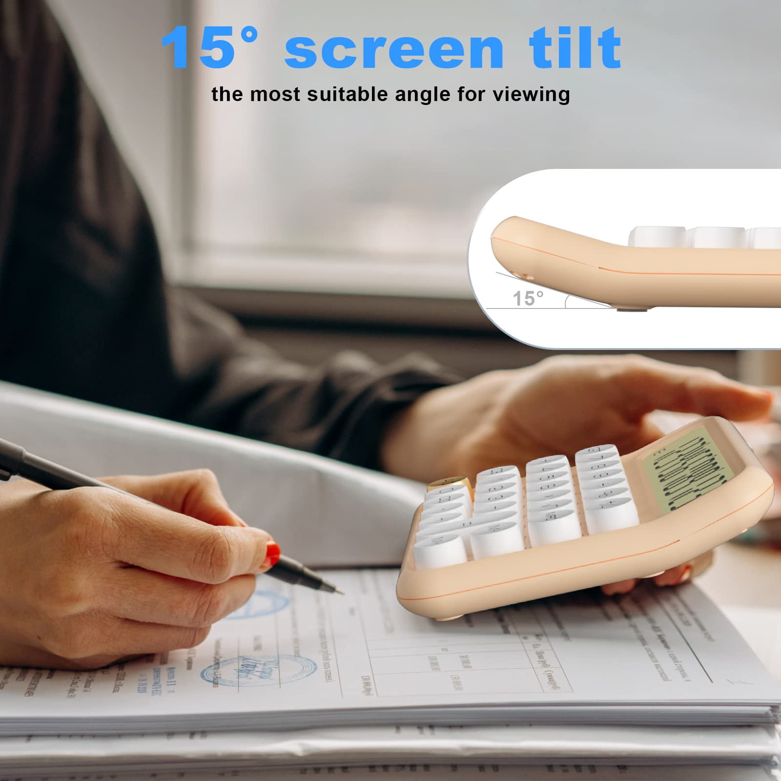 Mechanical Calculator 12 Digit Extra Large 5-Inch LCD Display, DECKLIT Battery Desk Calculator, Big Buttons Easy to Press Use as Office Calculators Desktop, 15°Tilt Screen for Kids Calculator(Rose)