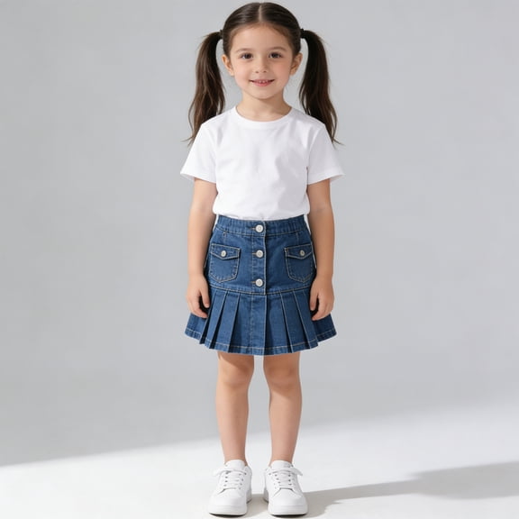 Blue Skirts for Girls Denim Skirt Pleated High Waist Jean Skorts Fashion Toddler Kids Casual Wear 6-7 Years