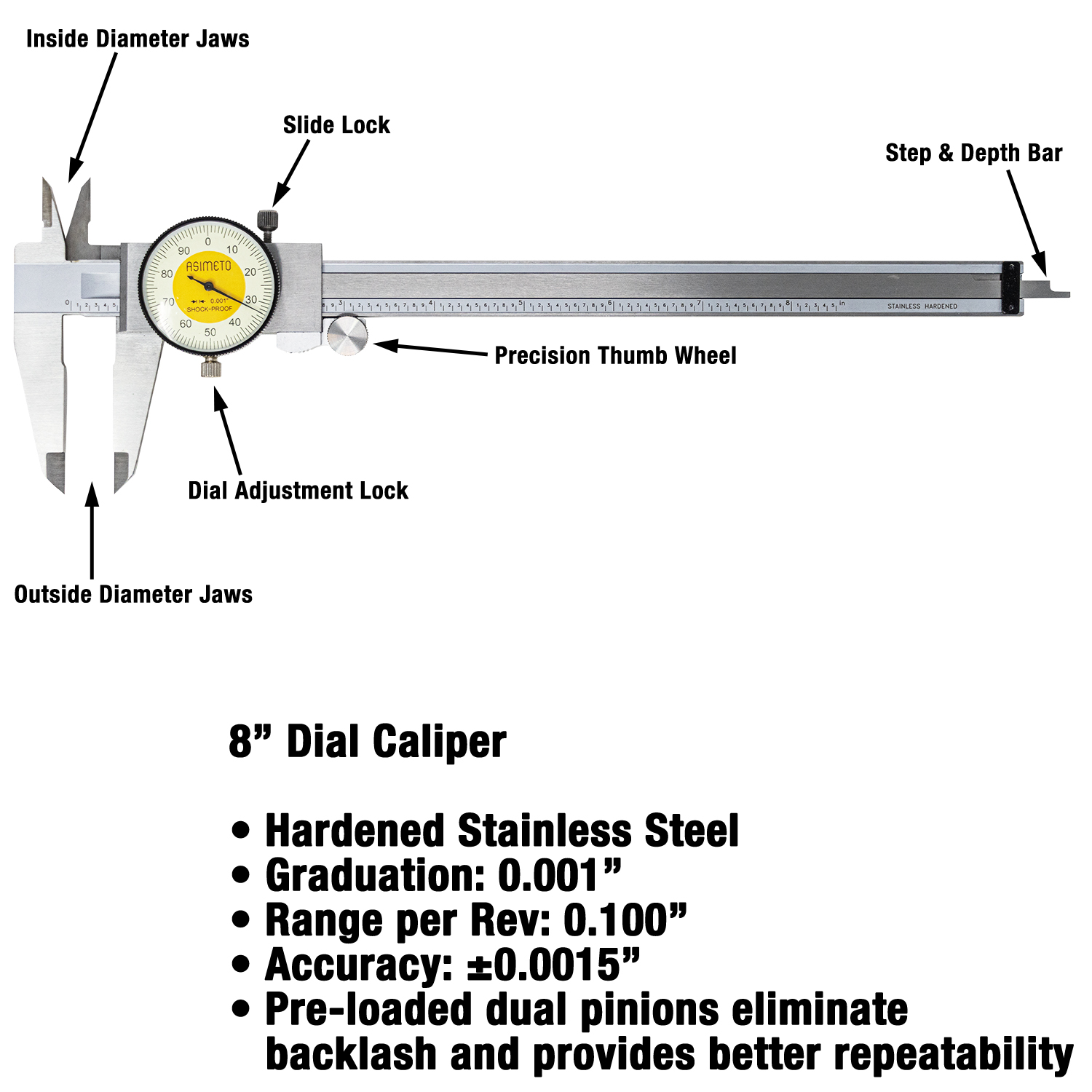 Asimeto 7303081 0-8" Dial Caliper| Graduation: 0.001", Jaw Length: 3/4", Range Per Revolution: 0.1"| Material: Stainless Steel| Preloaded Dual Pinions| Thumb Roller Included
