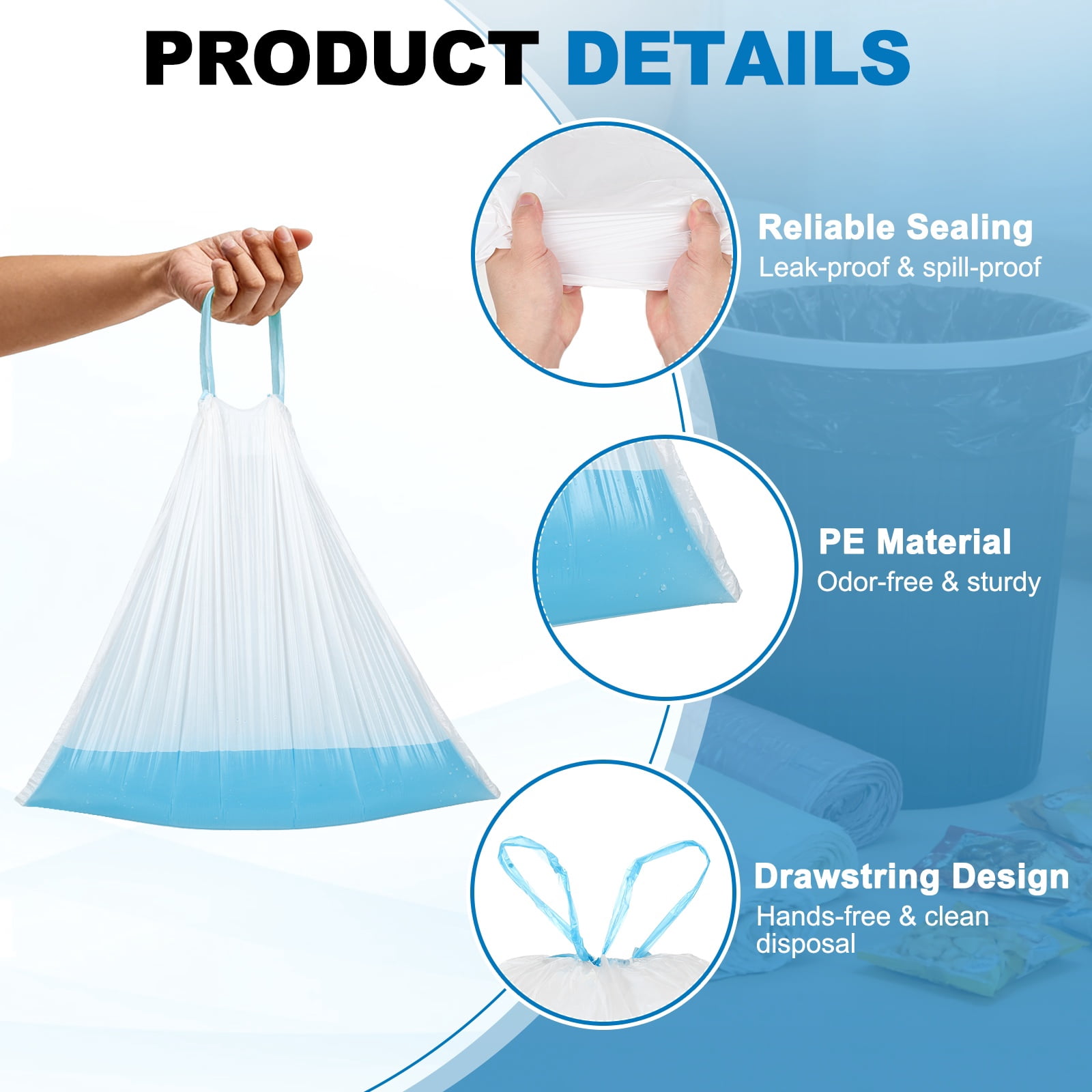 Uxcell 160 Count Trash Bags with Drawstring, 5.2 Gallon 20" Garbage Bags Unscented Tear-Free Design for Home Office Kitchen, White