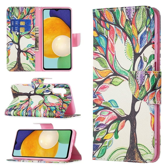 Jiahe Cover for Samsung Galaxy A14 5G Case, Shockproof Wallet with Hand Strap PU Leather Folio Flip Magnetic with ID Card,Credit Card Pocket Holder Kickstand, Colorful Tree
