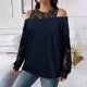 thumbnail image 2 of Blusa de talla grande con hombros descubiertos, top de manga larga con patchwork de encaje, camisa de poliéster con cuello redondo para mujer, ropa informal de fiesta, sopatenor, 2 of 9