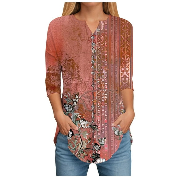Womens 3/4 Length Sleeve Tops Spring Neck Casual Print Tunic T Shirts Three Quarter Length Womens Tops