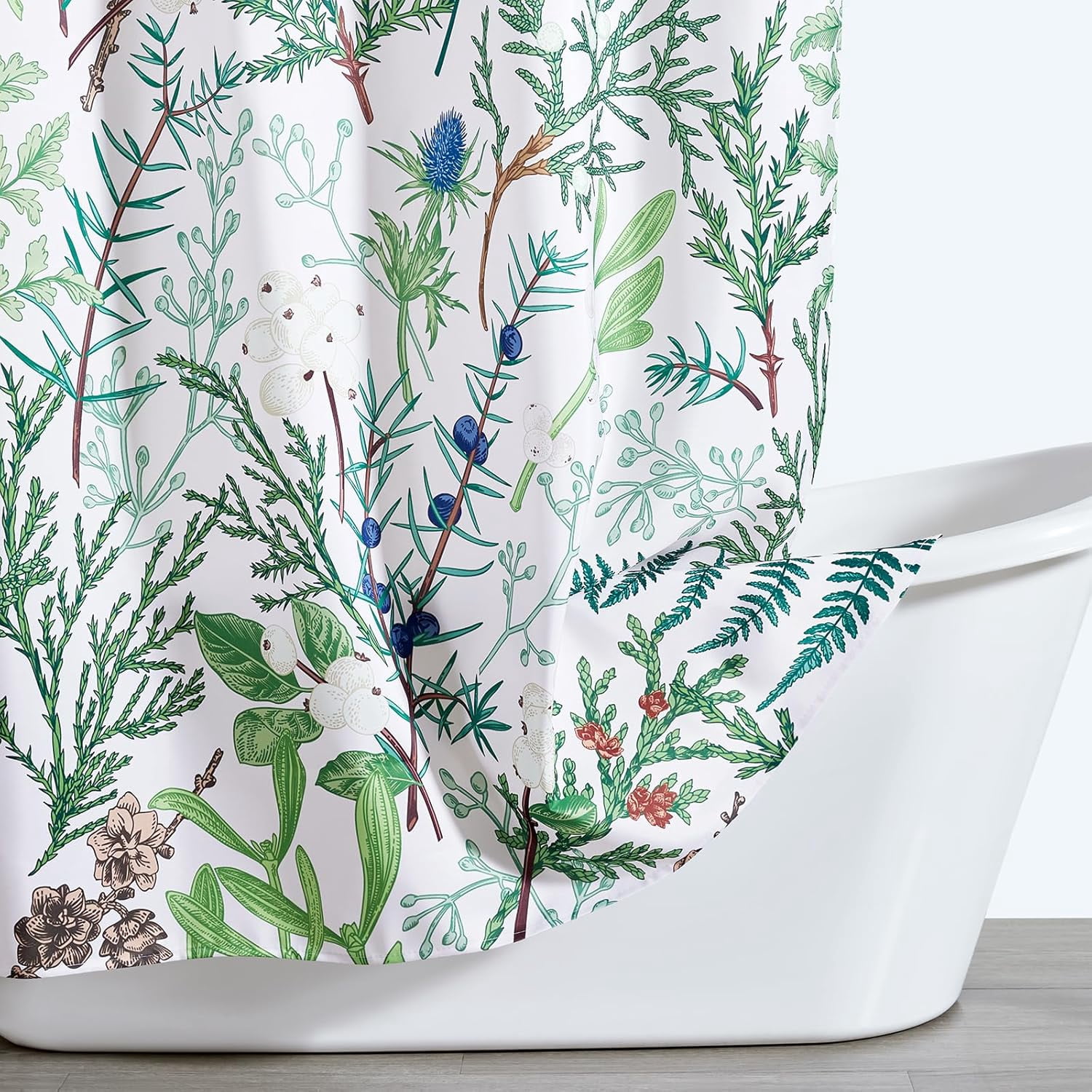 Cute Green Botanical Fabric Shower Curtain Boho Floral Plant Aesthetic Bathroom Decor, Wildflowers Greenery Herb Leaves Summer Spring Shower Curtain Set with Hooks Heavy Duty