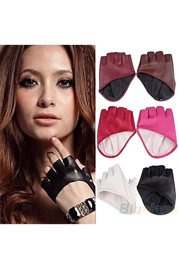 Lady Fashion Faux Leather Half Finger Gloves Driving Pole Dancing Show Gloves