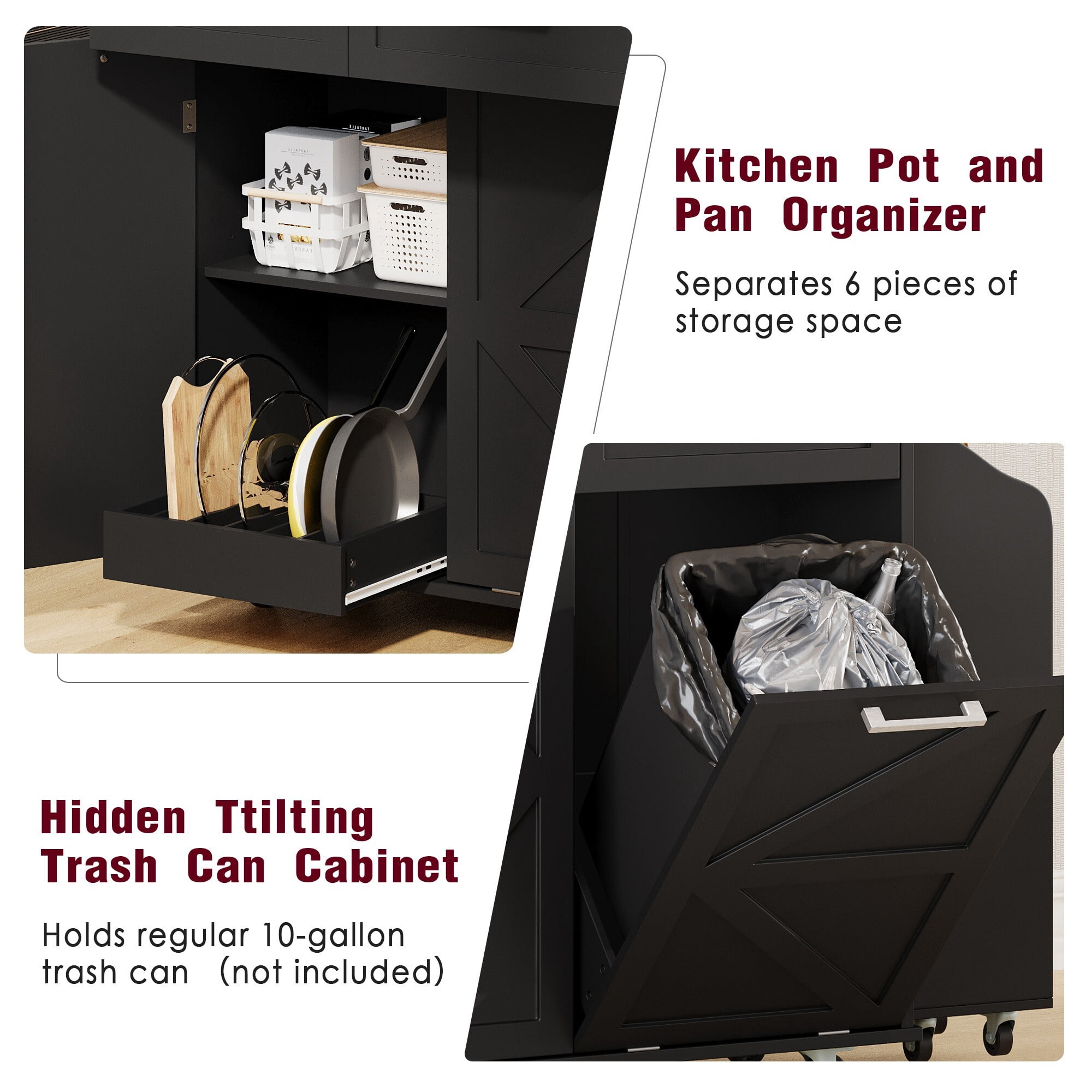 AENKYO 47.2" Farmhouse Kitchen Island with Removable Side Shelf, Tilt-Out Trash Bin, Storage Cabinet & Drawers, Black