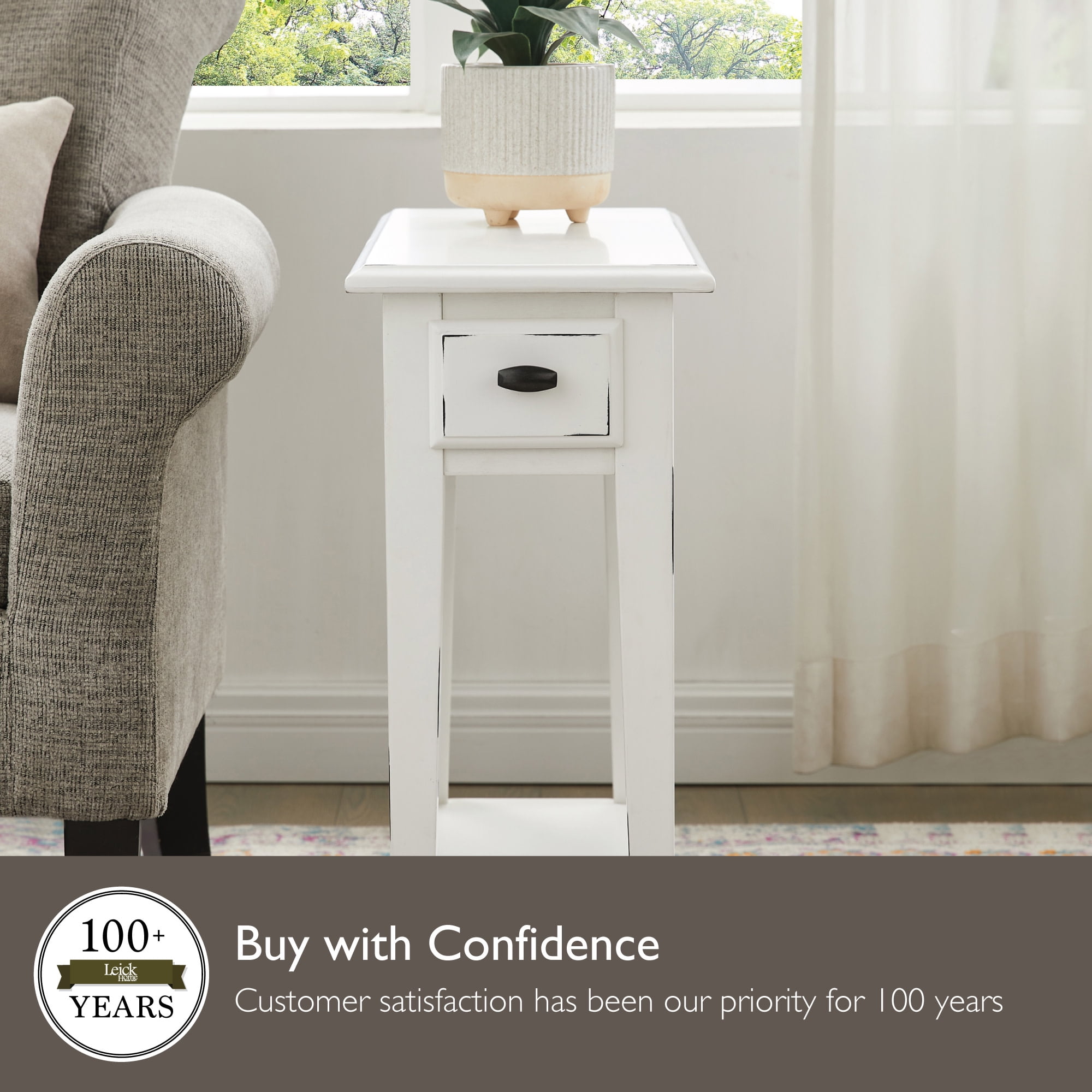Leick Home Haven Ridge Narrow 1-Drawer End Table with Shelf, Farmhouse White
