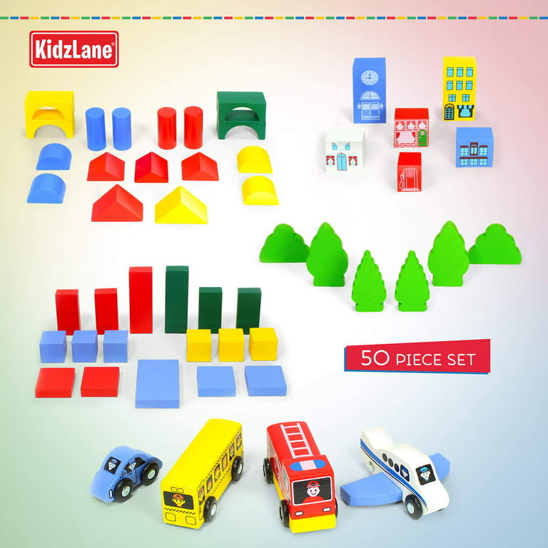Kidzlane Wooden City Building Blocks - 50 PC Wood Block Variety Set with Vehicles, Houses