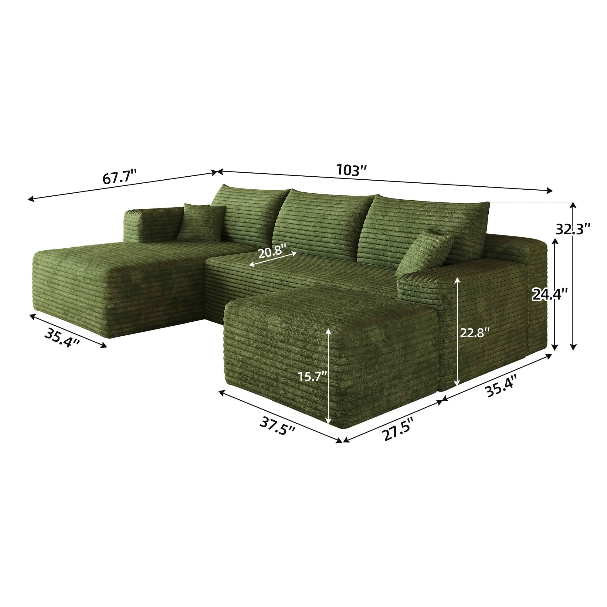 MAYEERTY 103 Inch L‑Shaped Cloud Sectional Sofa with 1 Ottoman, Modern Minimalist Deep‑Seat Corner Couch, Plush Corduroy Upholstered Reversible Sofa, No‑Assembly Required for Living Room Apartment