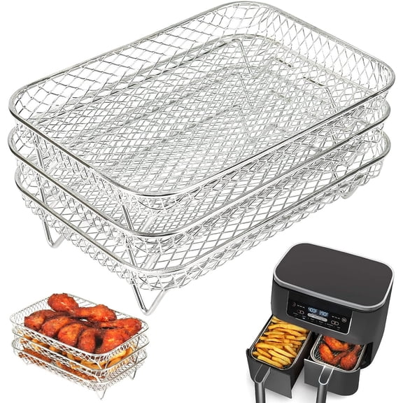 Air Fryer Rack for Ninja Dual Airfryer, 3pcs Stackable Stainless Steel Dehydrator Rack, Rectangle Double Air Fryer Accessories, Ninja Dual Airfryer Accessories