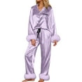 thumbnail image 2 of Pajama Sets for Women Silk Satin Button Solid Color Print Long Sleeve Top And Pant Pj Set Soft Loungewear Two Piece Holiday Sleepwear Sets Purple M, 2 of 5