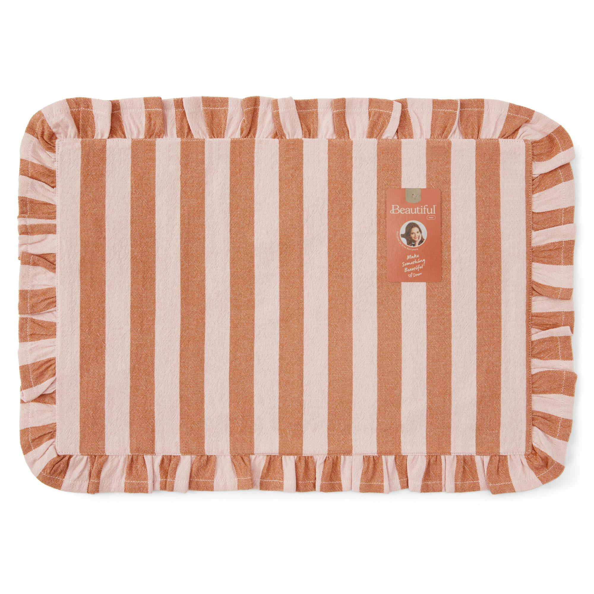 Beautiful Home by Drew Barrymore Ruffle Stripe Fabric Placemat, Coral Rose, 20 in W x 14 in L
