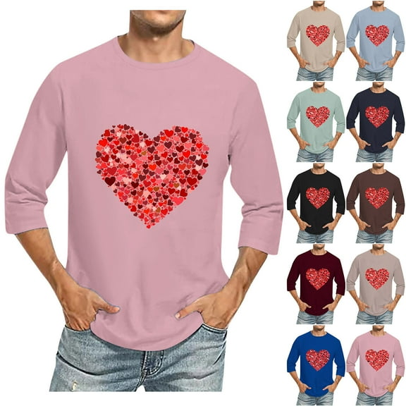 Jinhomg Mens Heart Graphic Tees Cute Valentine's Day Themed T-Shirts Big and Tall Casual Comfy 3/4 Sleeve Crew Neck Tops 2025 Holiday Gifts Black M
