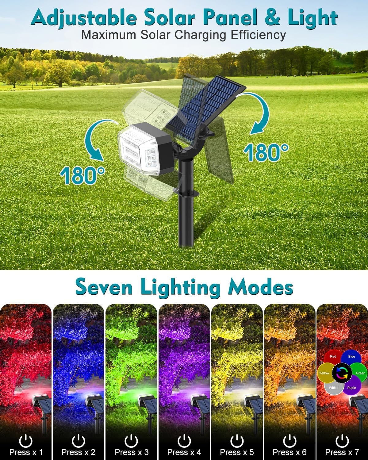 Solar RGB Spot Lights Outdoor, 8 pack, 49 LEDs, 7 Color Modes, IP65 Waterproof, Adjustable Christmas Flood Lights for Yard, Garden, Pathway