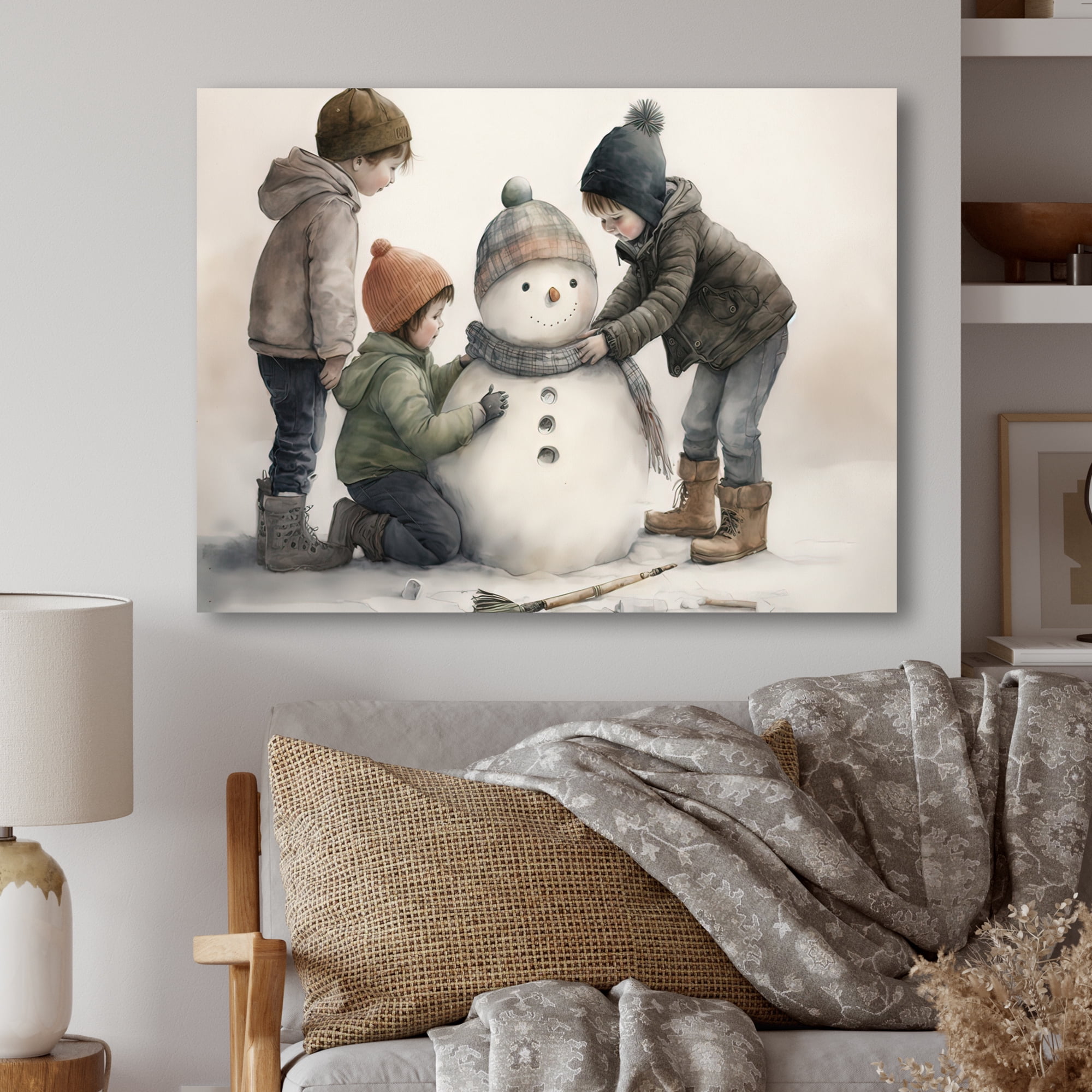 Designart Kids Building A Huge Snowman III Canvas Wall Art