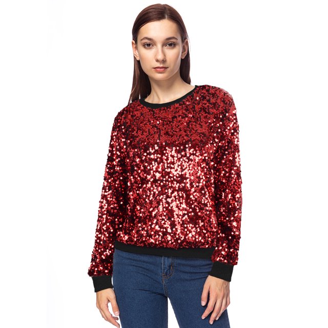 Women's Glitter Sequin Sweatshirt Long Sleeve Pullover Tops with Ribbed Cuffs