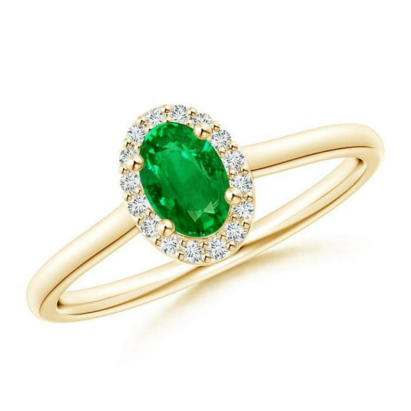 ANGARA Prong-Set Oval Lab Grown Emerald and Diamond Halo Engagement Ring in 14K Yellow Gold for Women (Size-6x4mm) | May Birthstone, Anniversary, Jewelry Gift for Women | Lab Grown Emerald Ring