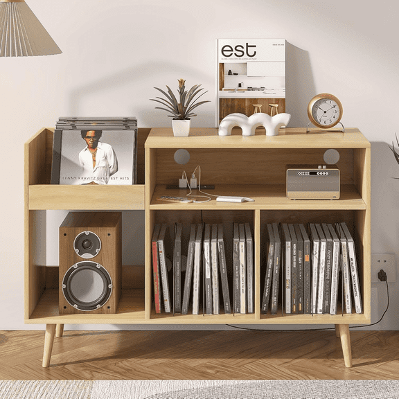 Oubayajia Record Player Stand, Vinyl Turntables Stand with Power Outlet, Holds up to 300 Albums, Oak