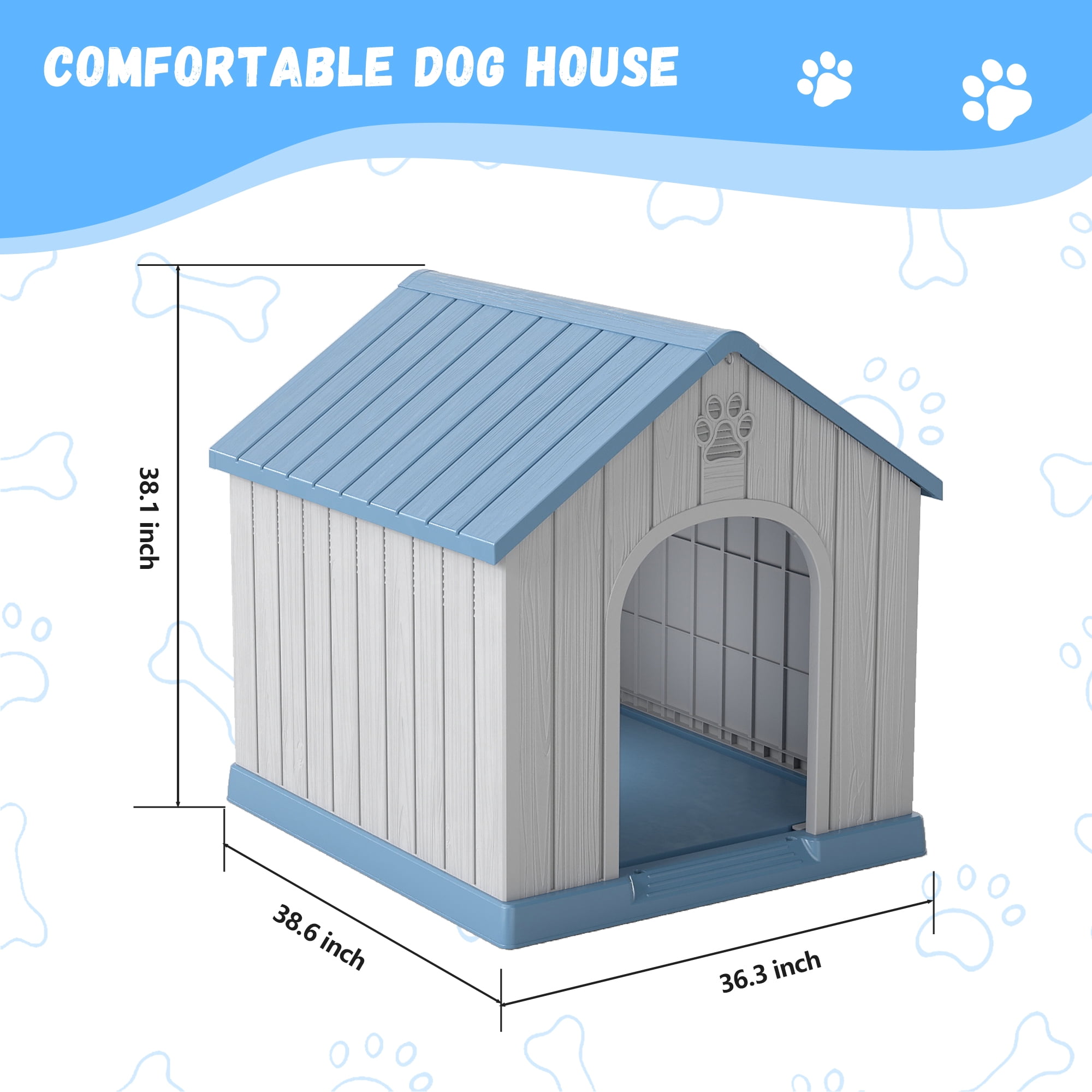 FICARTS Indoor/Outdoor Weather-Resistant Dog House, Elevated Pet Shelter with Sloped Roof & Ventilation, Durable Dog Kennel for Medium to Large Dogs