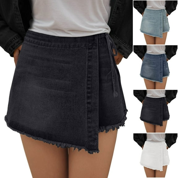 yueewhu Womens Denim Shorts Skorts Y2k Side Tie-up Bow High Waist Asymmetrical Frayed Hem Denim Shorts Wrap Jean Mini Skirt (White, L)