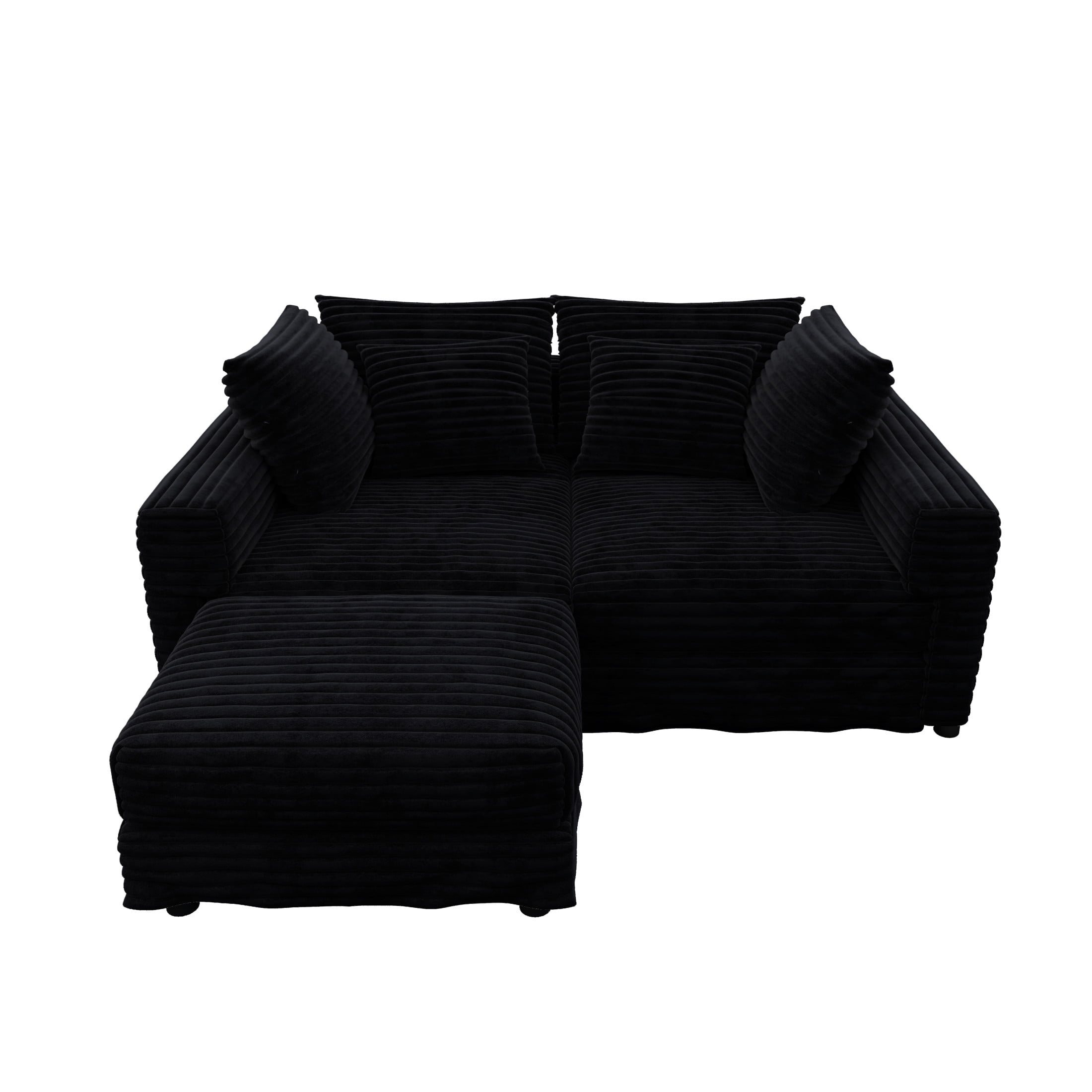 Noble House Nesta 4-Seat Plush Corduroy Cloud Sofa, Convertible Deep Seat Lounge Couch with Ottoman & Soft Pillows, Black