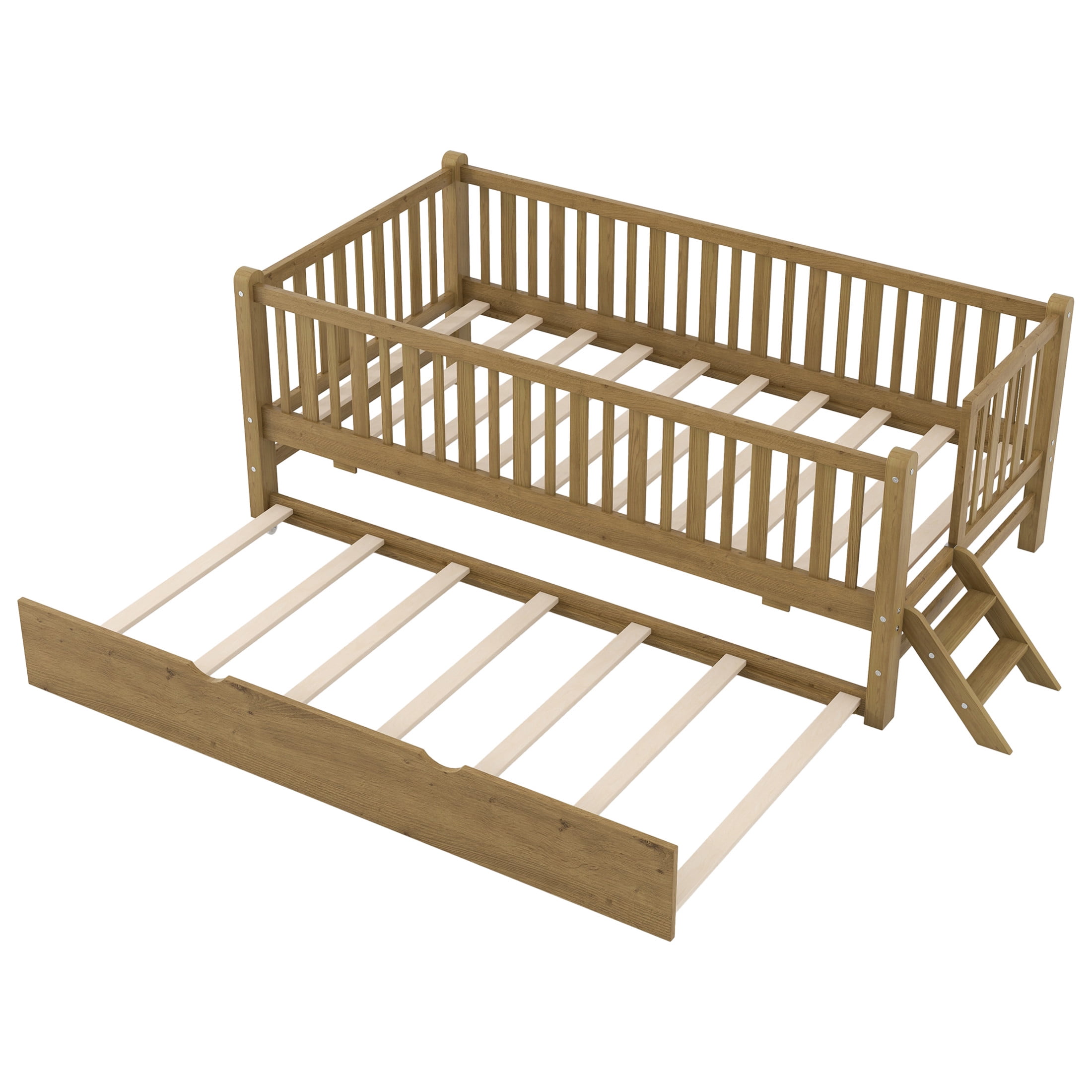 Noble House Elley Twin Platform Bed, Semi-Enclosed Fence Guardrail with Pull-Out Trundle, Solid Wood Frame, Walnut