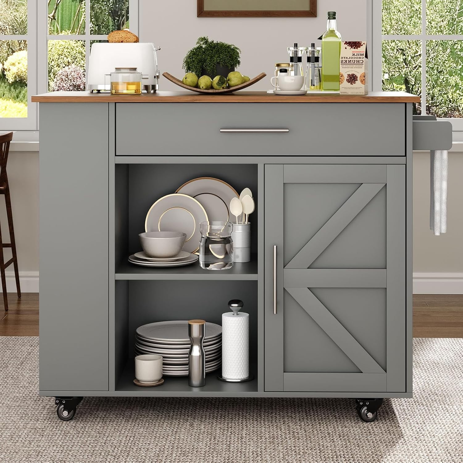 DreamCurship 39" Kitchen Island Cart with Storage, Kitchen Cart Island on Wheels, Rolling Kitchen Island with Spice Rack & Towel Rack, Island Table for Kitchen, Gray