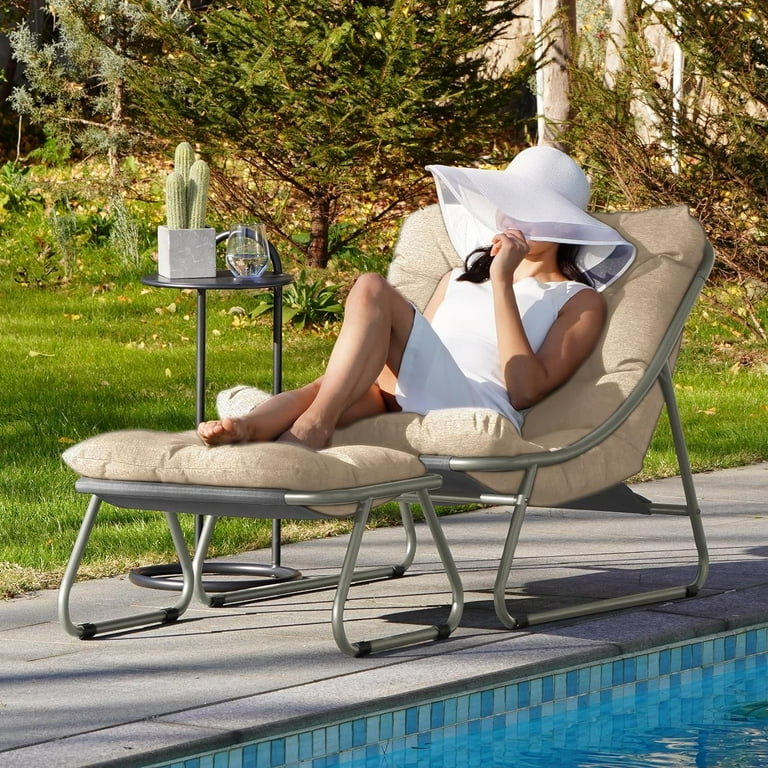 Grand patio Outdoor Lounge Chair with Ottoman Comfy Sling Recliner Chair with Puffy Cushion Samba Modern Patio Furniture Set for Porch Deck Garden Champagne Gray Walmart