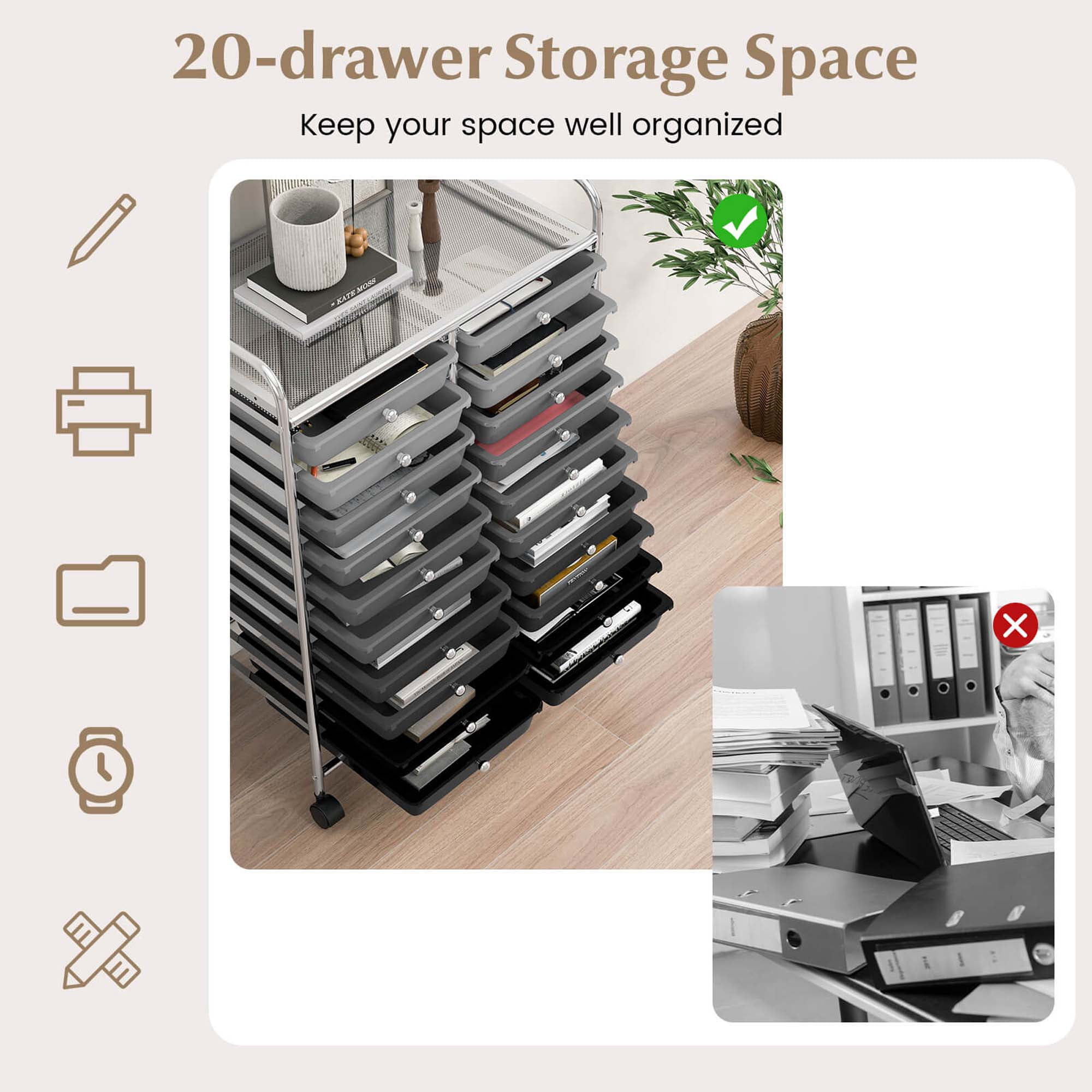 Costway 20 Drawers Rolling Storage Cart Art Craft Organizer on Wheels Multipurpose Grey