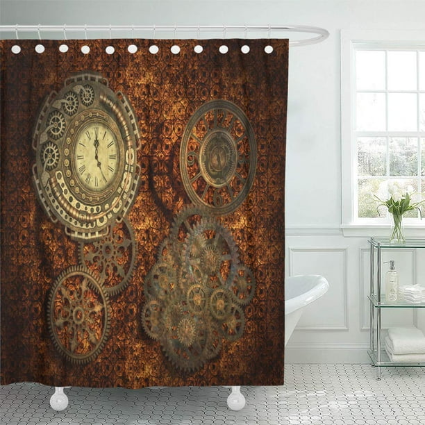 CYNLON Science Brown Steam Steampunk Gears and Clocks Red Fiction Bathroom Decor Bath Shower